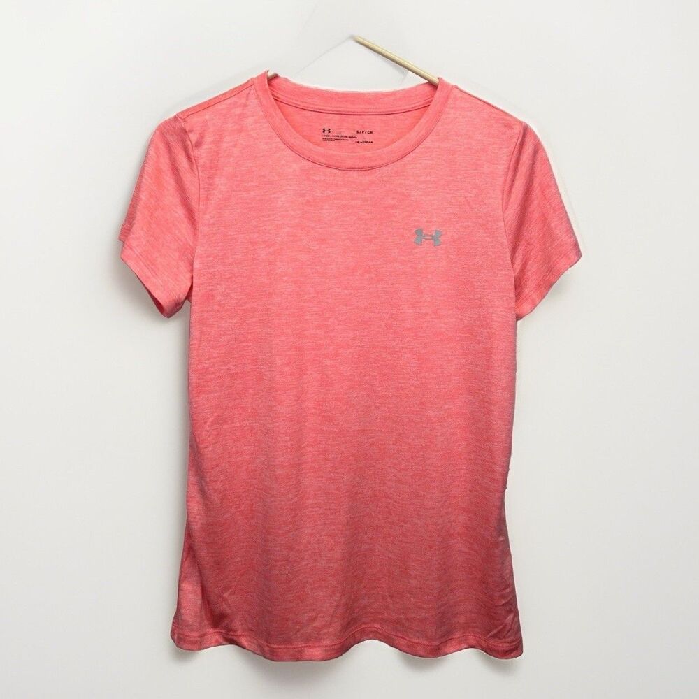 Women's Small Loose Fit Pink Heat Gear Under Armour Short Sleeve Athletic Shirt